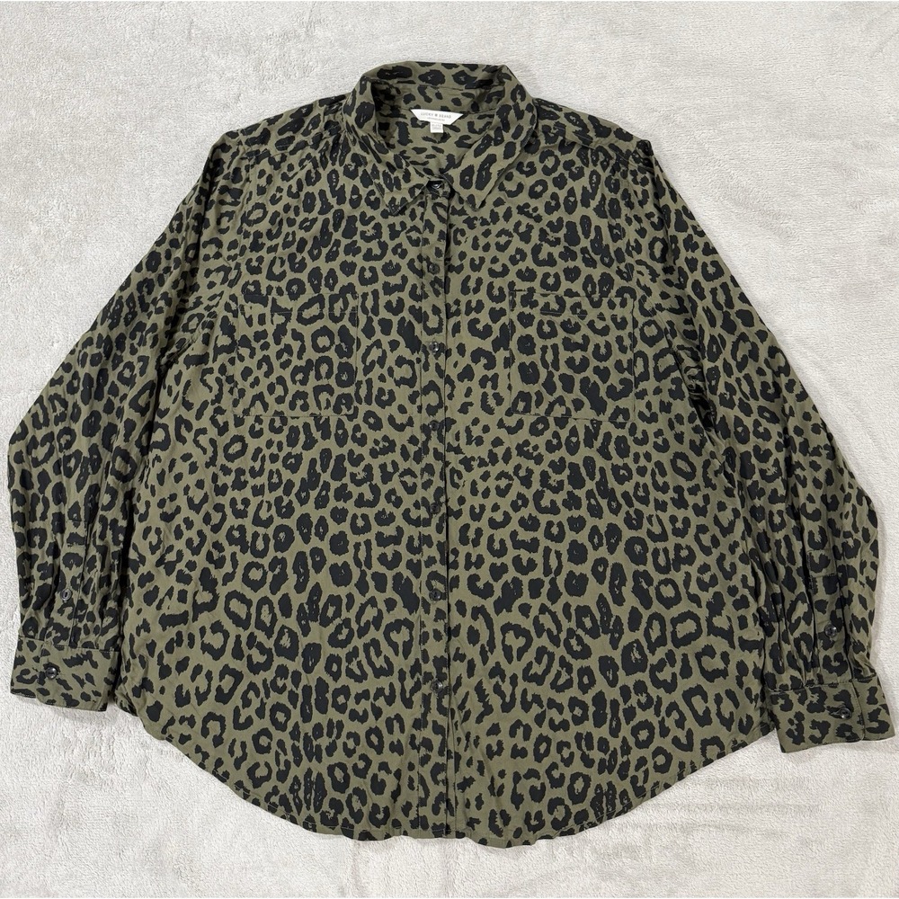 Leopard Button Down Blouse XL Green Multi Olive Office Workwear Boho Chic Indie